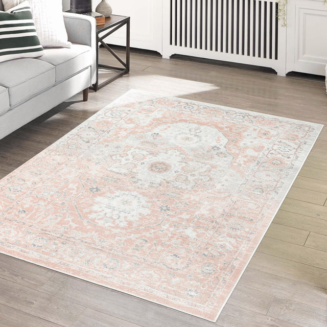 Rose Pink 5' 3 x 8' Madeline Vintage Rectangle Area Rug 100% Polypropylene Distressed Traditional Carpet for Classic Interior Home Design for Sale at Rug Engine