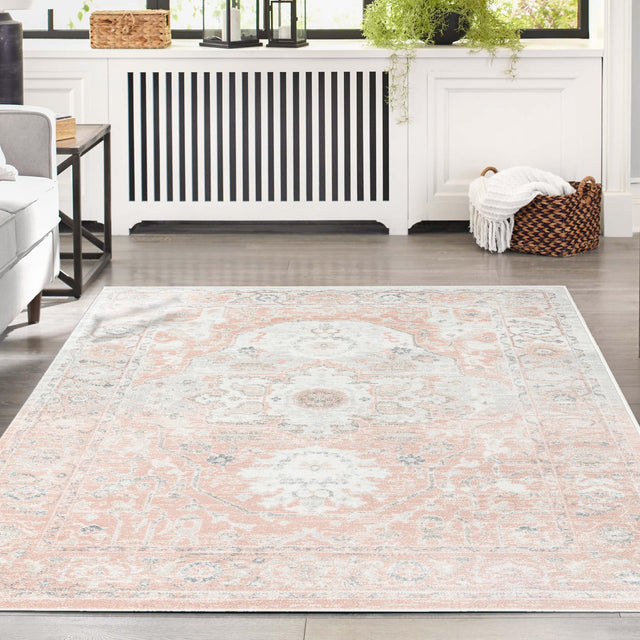 Rose Pink 7' x 10' Madeline Vintage Rectangle Area Rug 100% Polypropylene Distressed Traditional Carpet for Classic Interior Home Design for Sale at Rug Engine