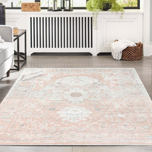 Rose Pink 6' x 9' Madeline Vintage Rectangle Area Rug 100% Polypropylene Distressed Traditional Carpet for Classic Interior Home Design for Sale at Rug Engine