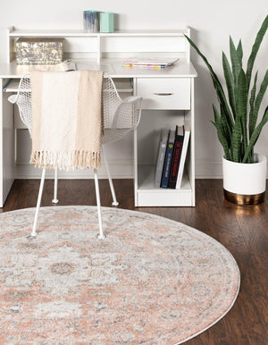 Rose Pink 7' 1 x 7' 1 Madeline Vintage Round Area Rug 100% Polypropylene Distressed Traditional Carpet for Classic Interior Home Design for Sale at Rug Engine