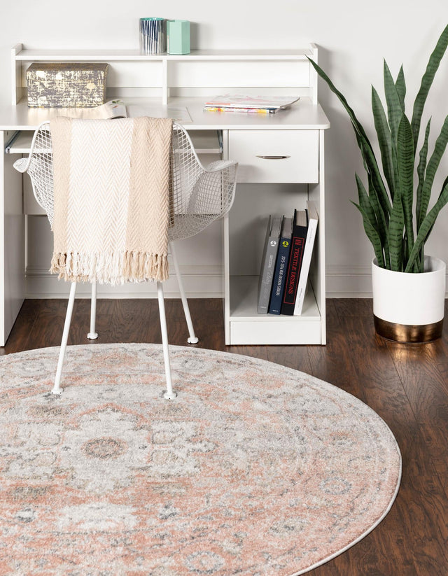 Rose Pink 7' 1 x 7' 1 Madeline Vintage Round Area Rug 100% Polypropylene Distressed Traditional Carpet for Classic Interior Home Design for Sale at Rug Engine
