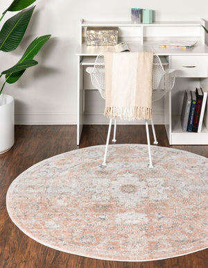 Rose Pink 7' 1 x 7' 1 Madeline Vintage Round Area Rug 100% Polypropylene Distressed Traditional Carpet for Classic Interior Home Design for Sale at Rug Engine
