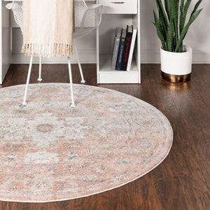 Rose Pink 7' 10 x 7' 10 Madeline Vintage Round Area Rug 100% Polypropylene Distressed Traditional Carpet for Classic Interior Home Design for Sale at Rug Engine
