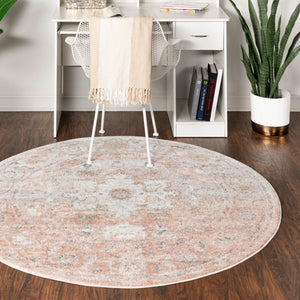 Rose Pink 3' x 3' Madeline Vintage Round Area Rug 100% Polypropylene Distressed Traditional Carpet for Classic Interior Home Design for Sale at Rug Engine