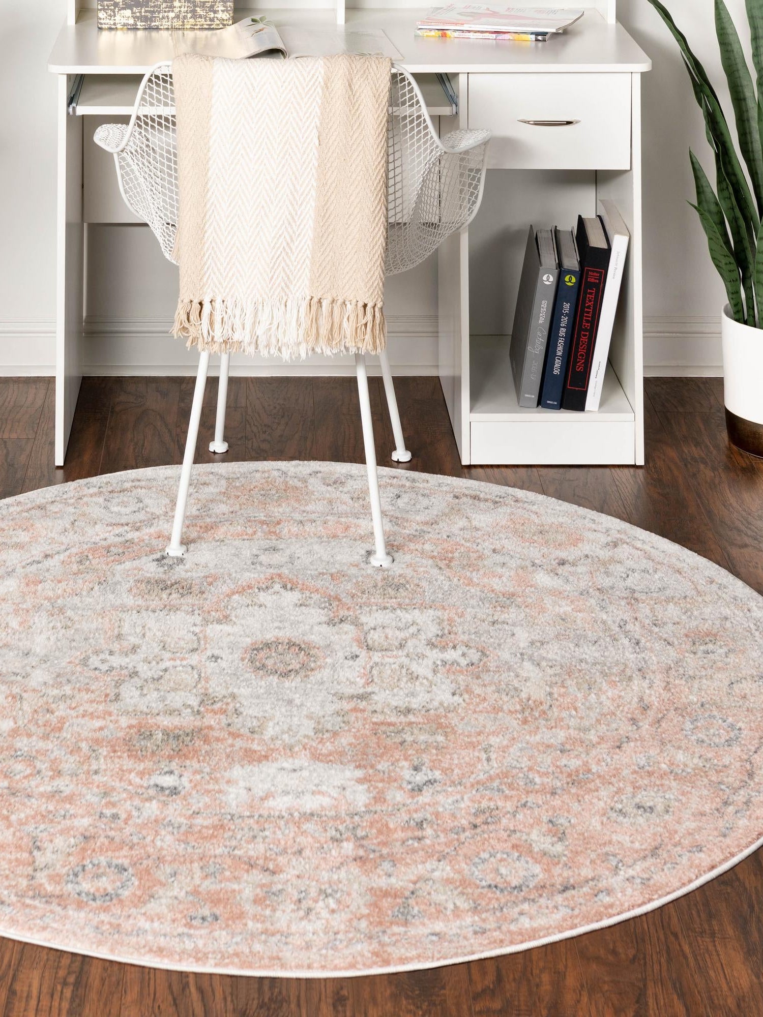 Rose Pink 7' 10 x 7' 10 Madeline Vintage Round Area Rug 100% Polypropylene Distressed Traditional Carpet for Classic Interior Home Design for Sale at Rug Engine