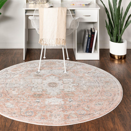 Rose Pink 7' 10 x 7' 10 Madeline Vintage Round Area Rug 100% Polypropylene Distressed Traditional Carpet for Classic Interior Home Design for Sale at Rug Engine
