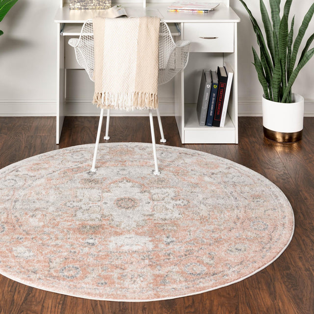 Rose Pink 7' 10 x 7' 10 Madeline Vintage Round Area Rug 100% Polypropylene Distressed Traditional Carpet for Classic Interior Home Design for Sale at Rug Engine