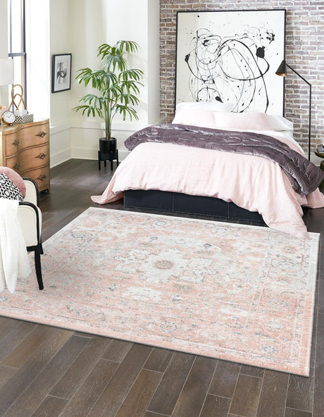 Rose Pink 7' 1 x 7' 1 Madeline Vintage Square Area Rug 100% Polypropylene Distressed Traditional Carpet for Classic Interior Home Design for Sale at Rug Engine