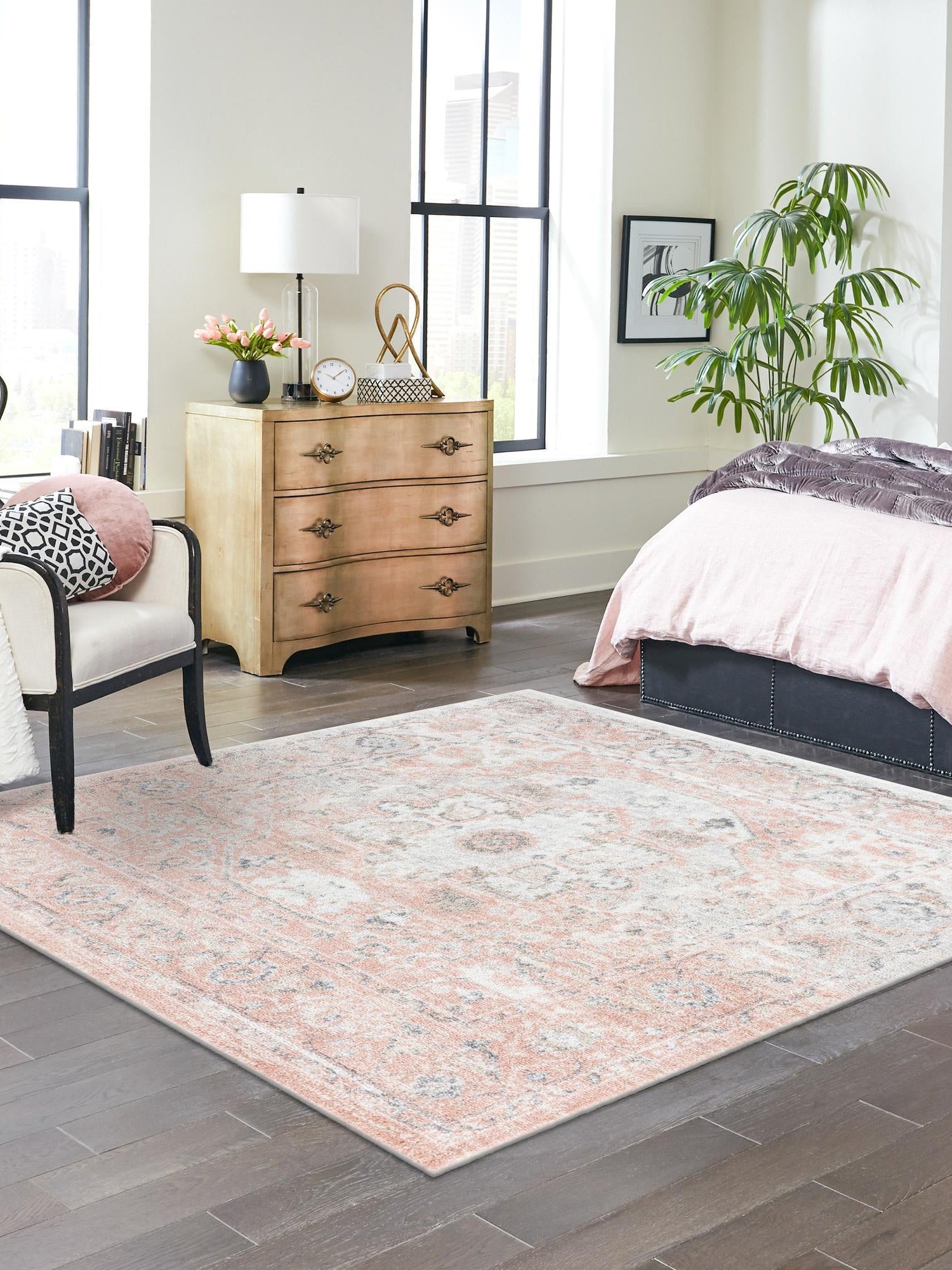 Rose Pink 7' 1 x 7' 1 Madeline Vintage Square Area Rug 100% Polypropylene Distressed Traditional Carpet for Classic Interior Home Design for Sale at Rug Engine