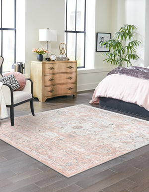 Rose Pink 7' 1 x 7' 1 Madeline Vintage Square Area Rug 100% Polypropylene Distressed Traditional Carpet for Classic Interior Home Design for Sale at Rug Engine