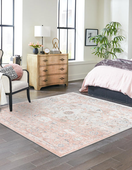 Rose Pink 7' 1 x 7' 1 Madeline Vintage Square Area Rug 100% Polypropylene Distressed Traditional Carpet for Classic Interior Home Design for Sale at Rug Engine