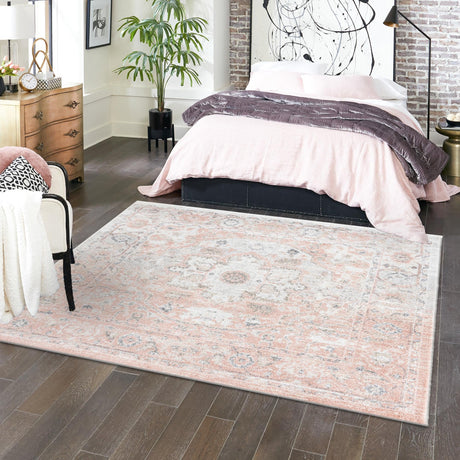 Rose Pink 7' 10 x 7' 10 Madeline Vintage Square Area Rug 100% Polypropylene Distressed Traditional Carpet for Classic Interior Home Design for Sale at Rug Engine