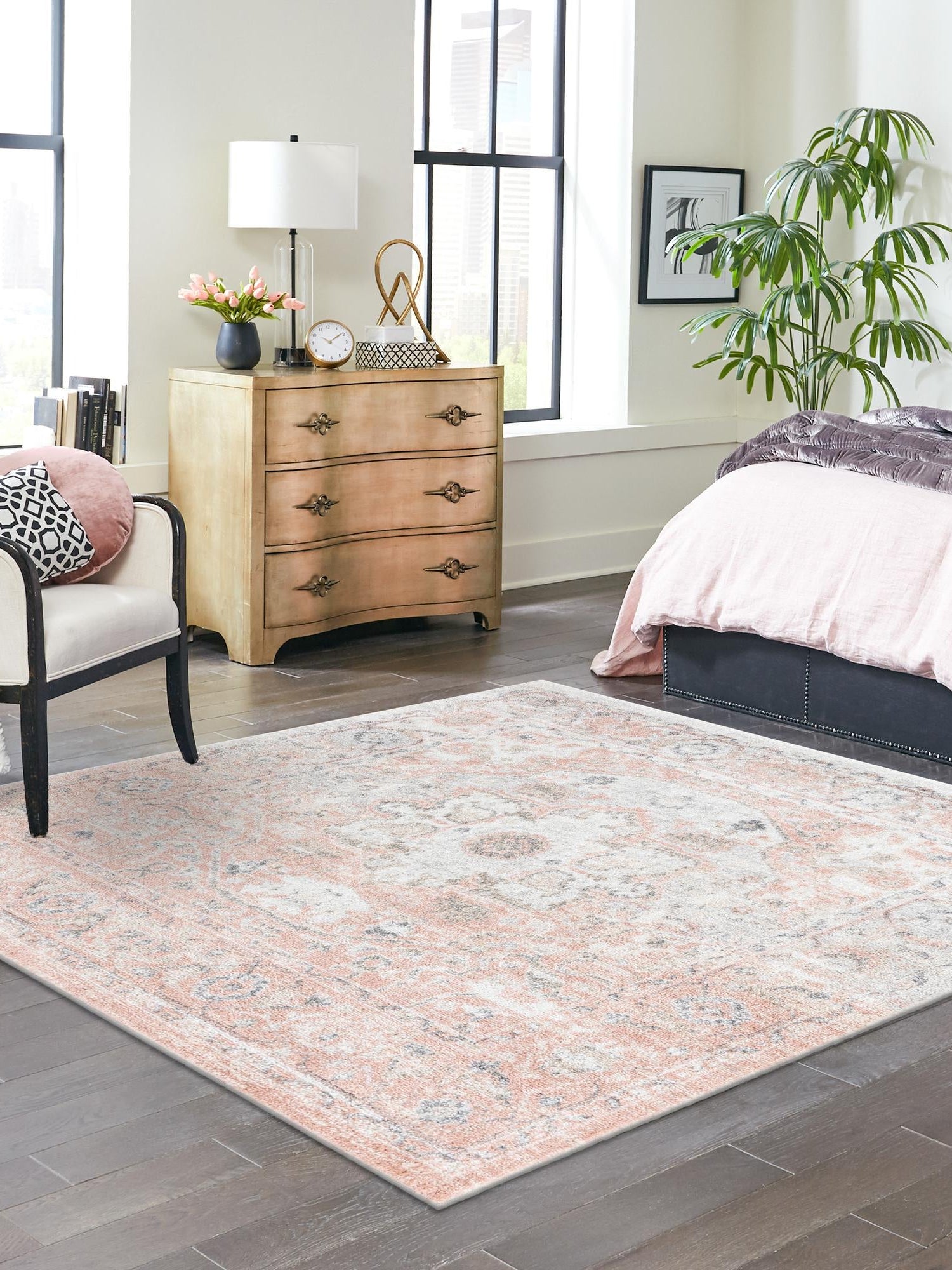 Rose Pink 5' 3 x 5' 3 Madeline Vintage Square Area Rug 100% Polypropylene Distressed Traditional Carpet for Classic Interior Home Design for Sale at Rug Engine