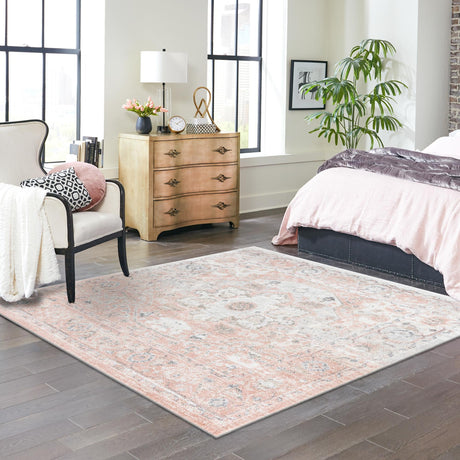 Rose Pink 7' 10 x 7' 10 Madeline Vintage Square Area Rug 100% Polypropylene Distressed Traditional Carpet for Classic Interior Home Design for Sale at Rug Engine