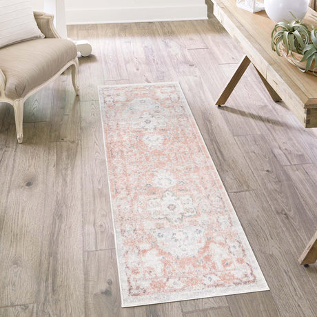 Rose Pink 2' x 8' Madeline Vintage Runner Area Rug 100% Polypropylene Distressed Traditional Carpet for Classic Interior Home Design for Sale at Rug Engine