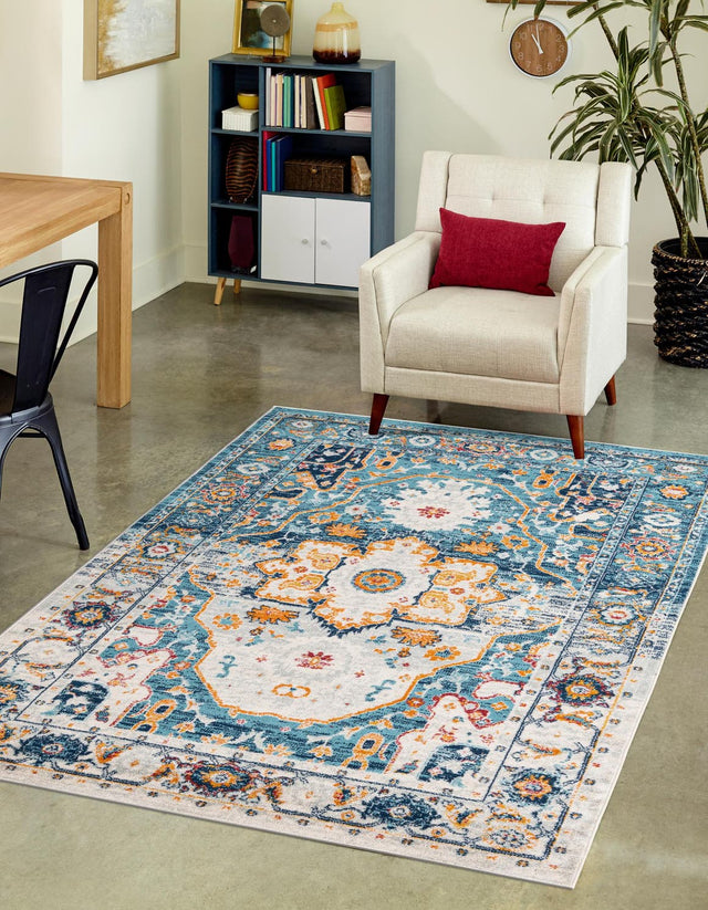 Teal 6' x 9' Madeline Vintage Rectangle Area Rug 100% Polypropylene Distressed Traditional Carpet for Classic Interior Home Design for Sale at Rug Engine