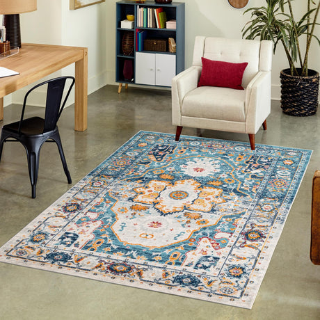 Teal 10' x 14' Madeline Vintage Rectangle Area Rug 100% Polypropylene Distressed Traditional Carpet for Classic Interior Home Design for Sale at Rug Engine