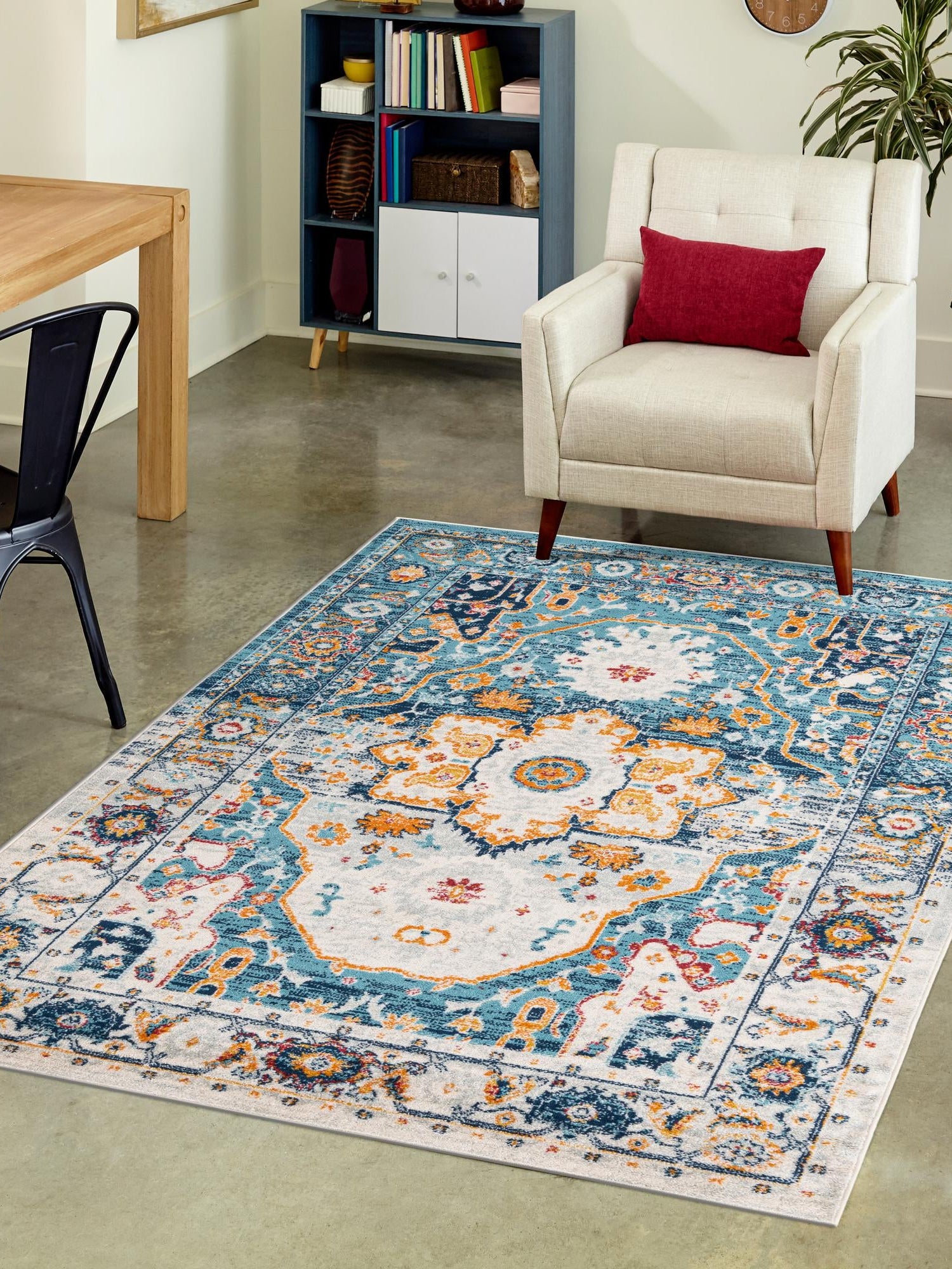 Teal 5' 3 x 8' Madeline Vintage Rectangle Area Rug 100% Polypropylene Distressed Traditional Carpet for Classic Interior Home Design for Sale at Rug Engine