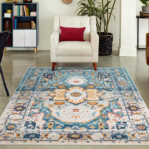 Teal 10' x 14' Madeline Vintage Rectangle Area Rug 100% Polypropylene Distressed Traditional Carpet for Classic Interior Home Design for Sale at Rug Engine