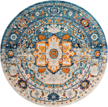 Teal 7' 10 x 7' 10 Madeline Vintage Round Area Rug 100% Polypropylene Distressed Traditional Carpet for Classic Interior Home Design for Sale at Rug Engine