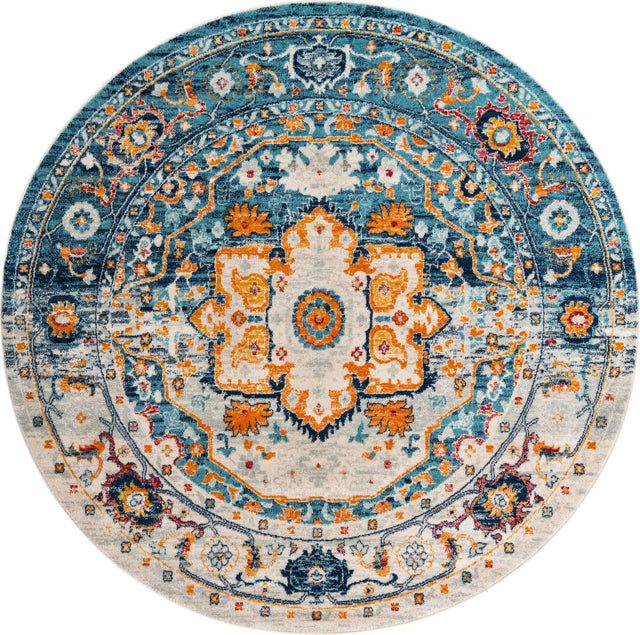 Teal 7' 10 x 7' 10 Madeline Vintage Round Area Rug 100% Polypropylene Distressed Traditional Carpet for Classic Interior Home Design for Sale at Rug Engine