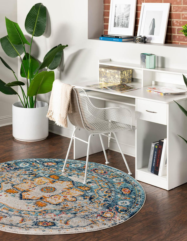 Teal 3' x 3' Madeline Vintage Round Area Rug 100% Polypropylene Distressed Traditional Carpet for Classic Interior Home Design for Sale at Rug Engine