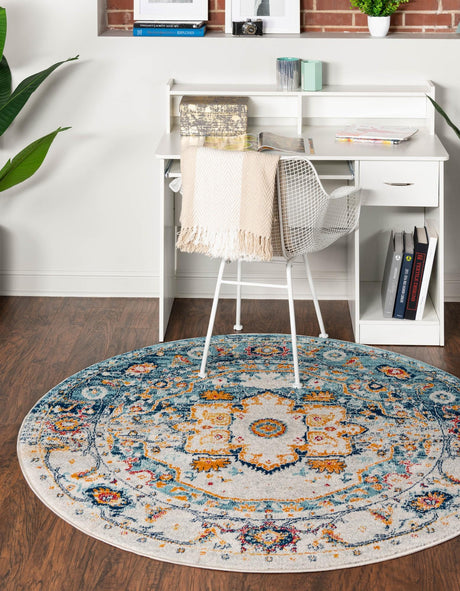 Teal 3' x 3' Madeline Vintage Round Area Rug 100% Polypropylene Distressed Traditional Carpet for Classic Interior Home Design for Sale at Rug Engine