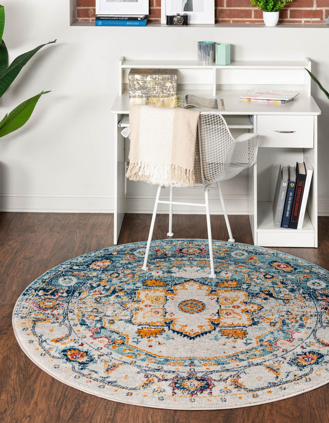 Teal 3' x 3' Madeline Vintage Round Area Rug 100% Polypropylene Distressed Traditional Carpet for Classic Interior Home Design for Sale at Rug Engine