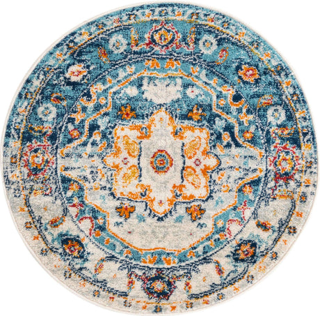Teal 3' x 3' Madeline Vintage Round Area Rug 100% Polypropylene Distressed Traditional Carpet for Classic Interior Home Design for Sale at Rug Engine