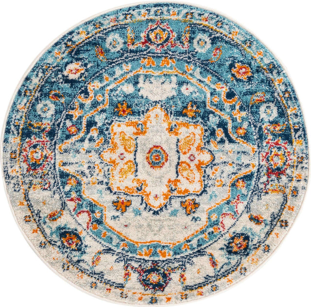 Teal 3' x 3' Madeline Vintage Round Area Rug 100% Polypropylene Distressed Traditional Carpet for Classic Interior Home Design for Sale at Rug Engine