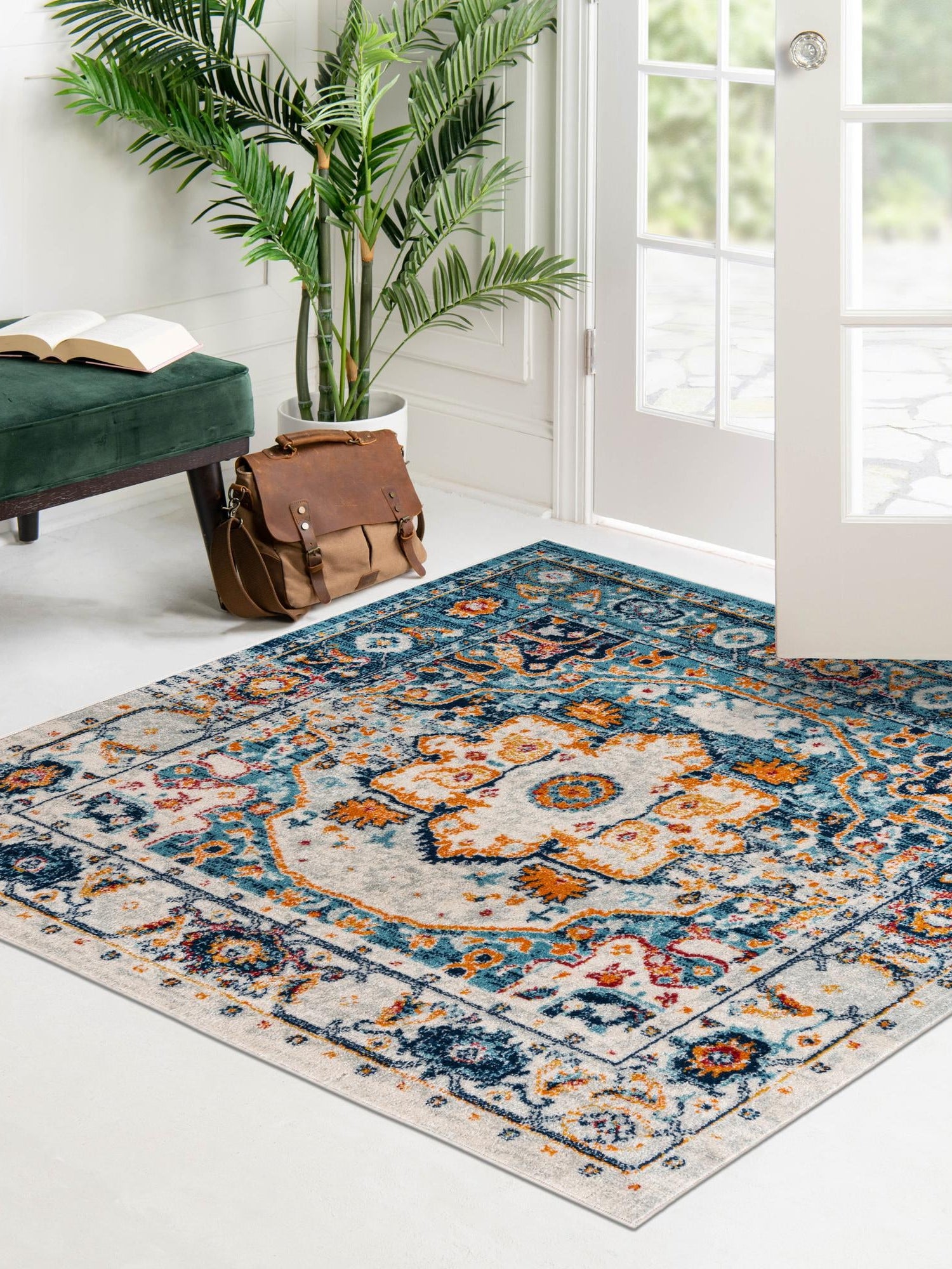 Teal 7' 10 x 7' 10 Madeline Vintage Square Area Rug 100% Polypropylene Distressed Traditional Carpet for Classic Interior Home Design for Sale at Rug Engine