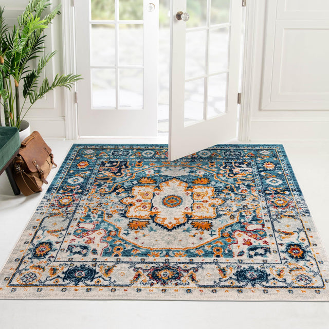 Teal 5' 3 x 5' 3 Madeline Vintage Square Area Rug 100% Polypropylene Distressed Traditional Carpet for Classic Interior Home Design for Sale at Rug Engine