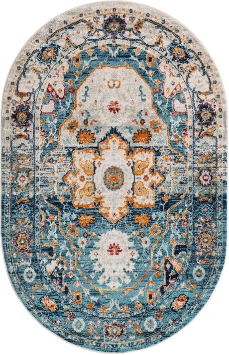 Teal 5' 3 x 8' Madeline Vintage Oval Area Rug 100% Polypropylene Distressed Traditional Carpet for Classic Interior Home Design for Sale at Rug Engine