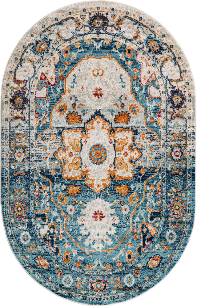 Teal 5' 3 x 8' Madeline Vintage Oval Area Rug 100% Polypropylene Distressed Traditional Carpet for Classic Interior Home Design for Sale at Rug Engine