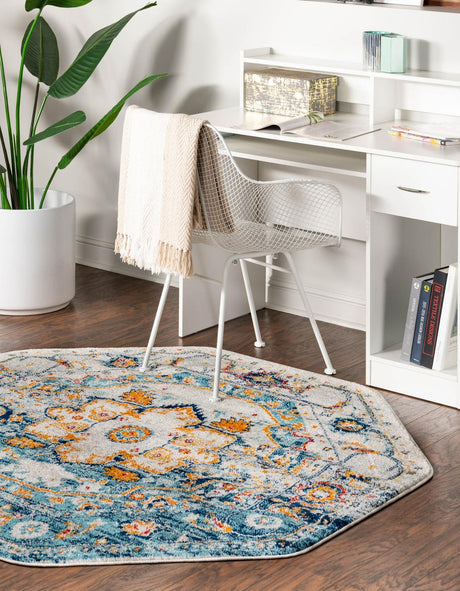 Teal 5' 3 x 5' 3 Madeline Vintage Octagon Area Rug 100% Polypropylene Distressed Traditional Carpet for Classic Interior Home Design for Sale at Rug Engine