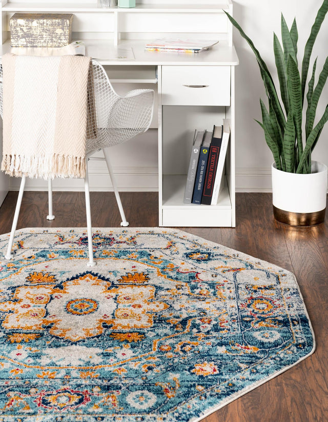 Teal 5' 3 x 5' 3 Madeline Vintage Octagon Area Rug 100% Polypropylene Distressed Traditional Carpet for Classic Interior Home Design for Sale at Rug Engine