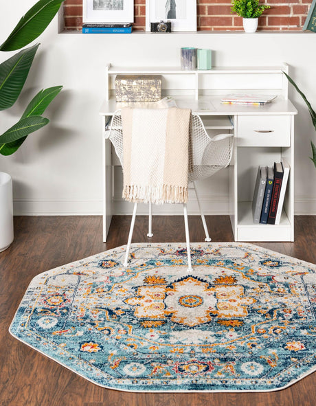 Teal 5' 3 x 5' 3 Madeline Vintage Octagon Area Rug 100% Polypropylene Distressed Traditional Carpet for Classic Interior Home Design for Sale at Rug Engine