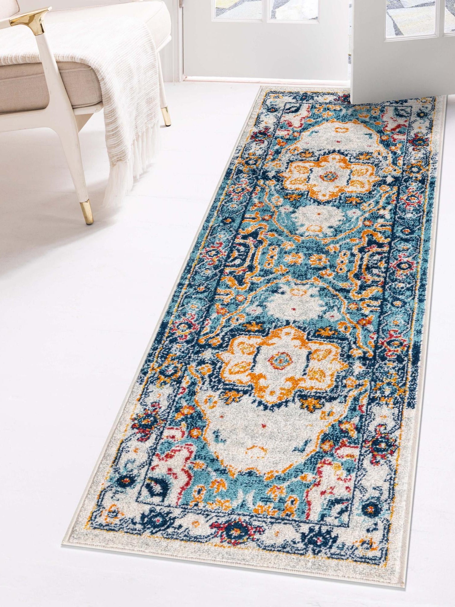 Teal 2' x 9' 10 Madeline Vintage Runner Area Rug 100% Polypropylene Distressed Traditional Carpet for Classic Interior Home Design for Sale at Rug Engine