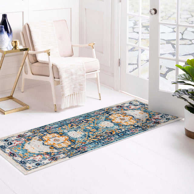 Teal 2' x 6' Madeline Vintage Runner Area Rug 100% Polypropylene Distressed Traditional Carpet for Classic Interior Home Design for Sale at Rug Engine