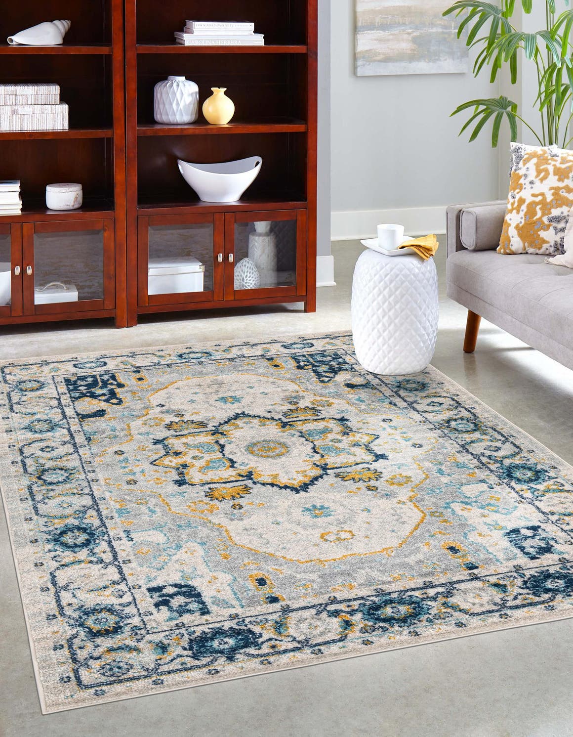 Gray 7' 10 x 10' Madeline Vintage Rectangle Area Rug 100% Polypropylene Distressed Traditional Carpet for Classic Interior Home Design for Sale at Rug Engine