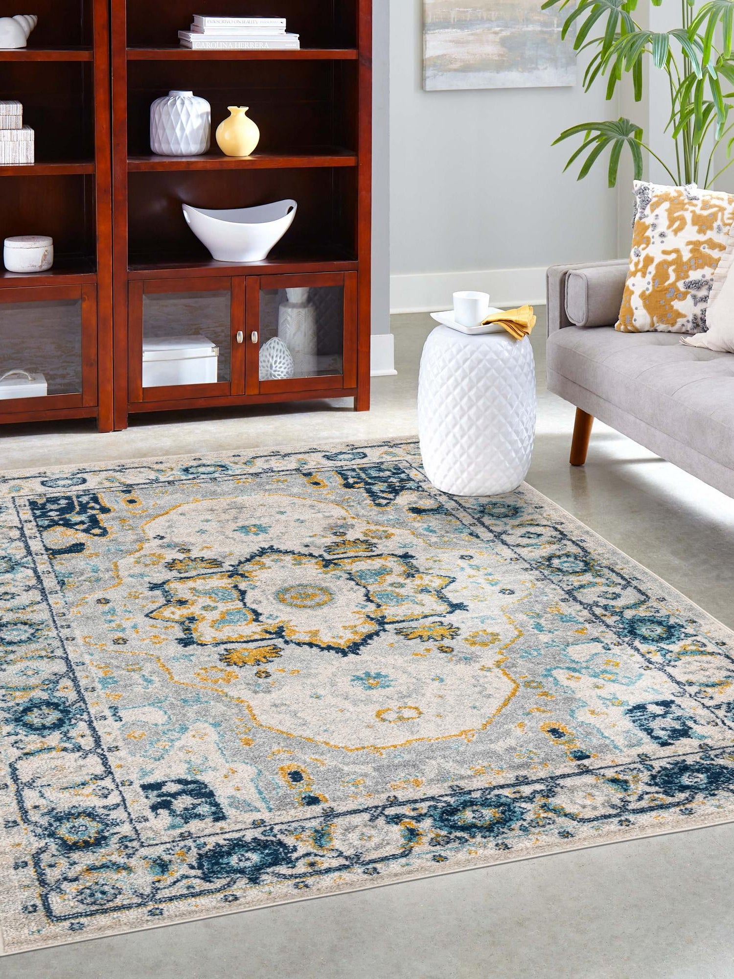 Gray 7' 10 x 10' Madeline Vintage Rectangle Area Rug 100% Polypropylene Distressed Traditional Carpet for Classic Interior Home Design for Sale at Rug Engine