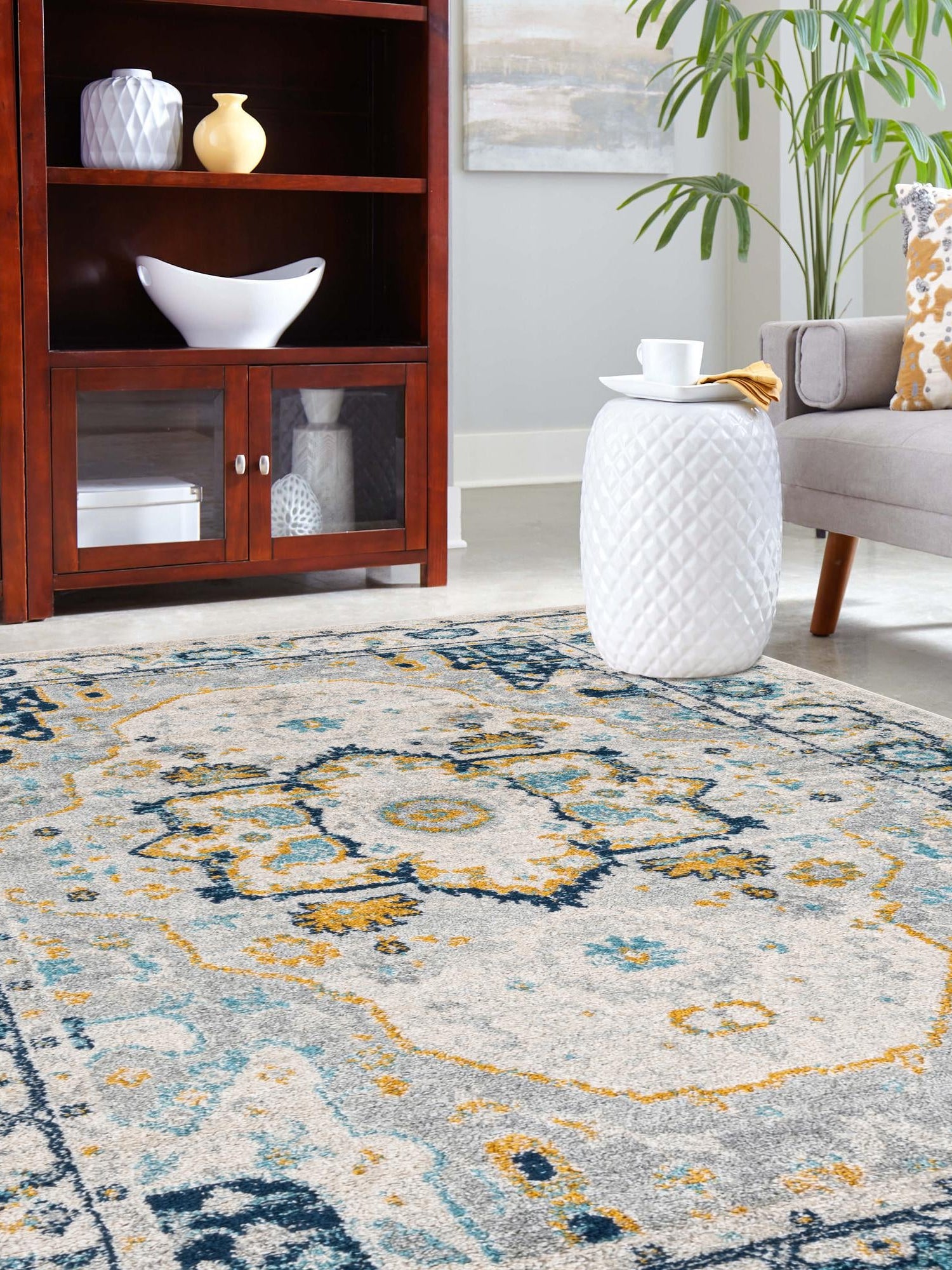 Gray 7' 10 x 10' Madeline Vintage Rectangle Area Rug 100% Polypropylene Distressed Traditional Carpet for Classic Interior Home Design for Sale at Rug Engine