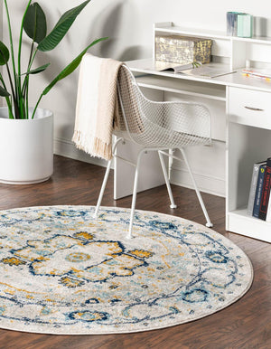 Gray 7' 10 x 7' 10 Madeline Vintage Round Area Rug 100% Polypropylene Distressed Traditional Carpet for Classic Interior Home Design for Sale at Rug Engine