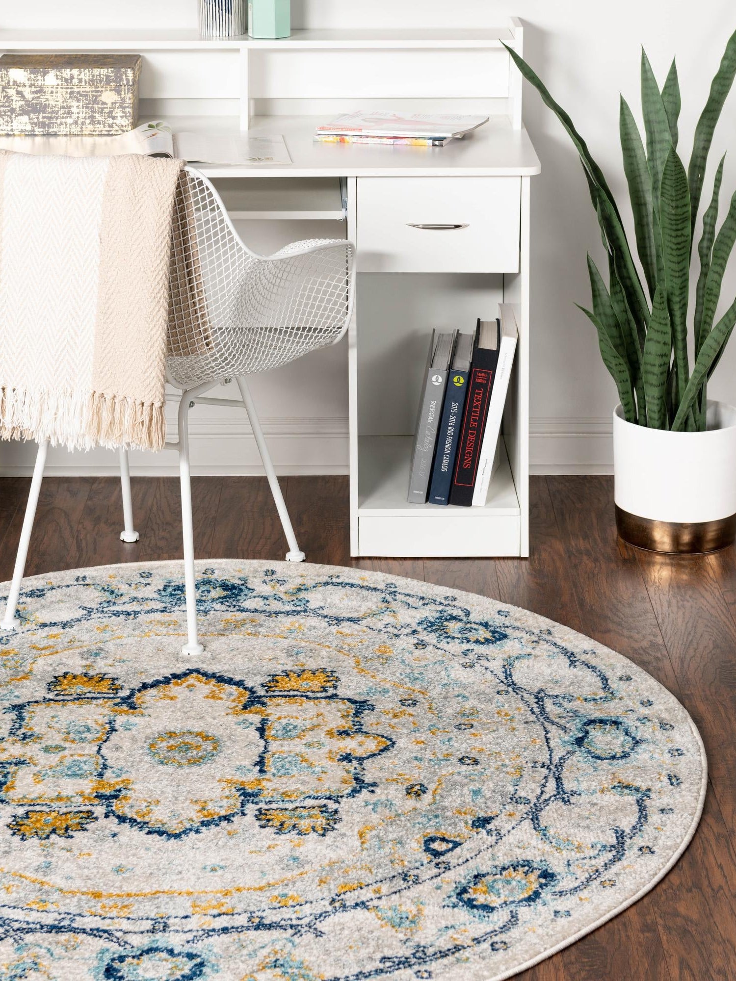 Gray 7' 10 x 7' 10 Madeline Vintage Round Area Rug 100% Polypropylene Distressed Traditional Carpet for Classic Interior Home Design for Sale at Rug Engine