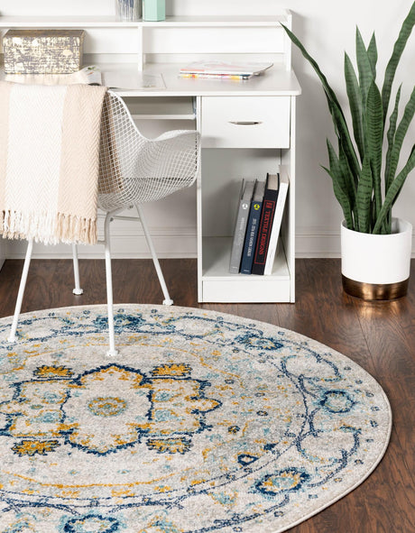 Gray 7' 10 x 7' 10 Madeline Vintage Round Area Rug 100% Polypropylene Distressed Traditional Carpet for Classic Interior Home Design for Sale at Rug Engine