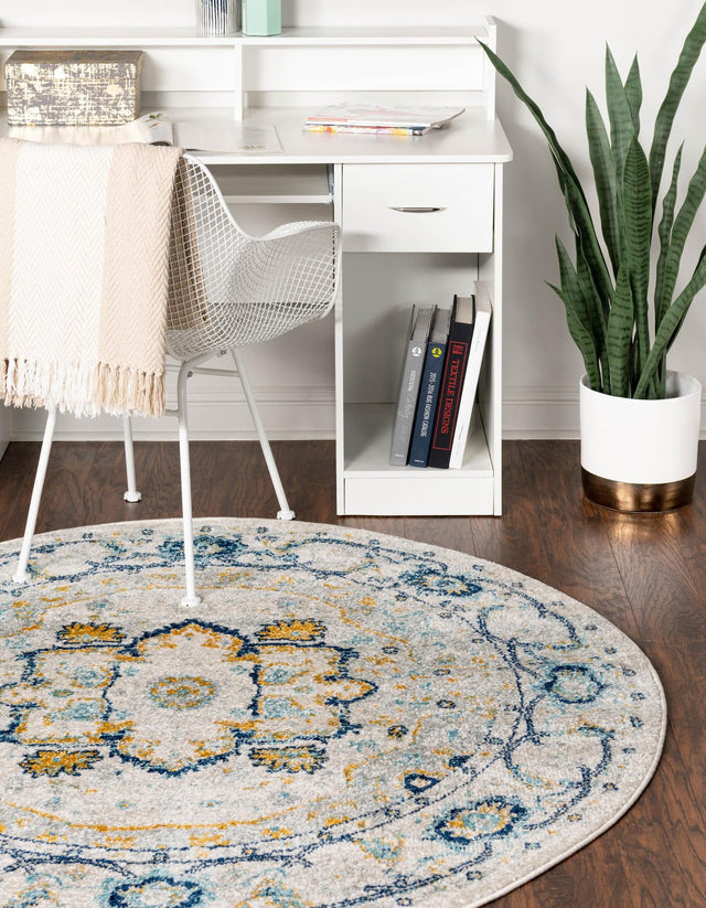 Gray 7' 10 x 7' 10 Madeline Vintage Round Area Rug 100% Polypropylene Distressed Traditional Carpet for Classic Interior Home Design for Sale at Rug Engine