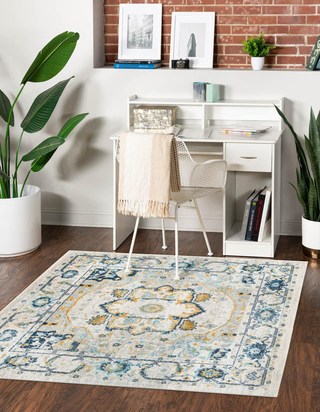 Gray 7' 10 x 7' 10 Madeline Vintage Square Area Rug 100% Polypropylene Distressed Traditional Carpet for Classic Interior Home Design for Sale at Rug Engine