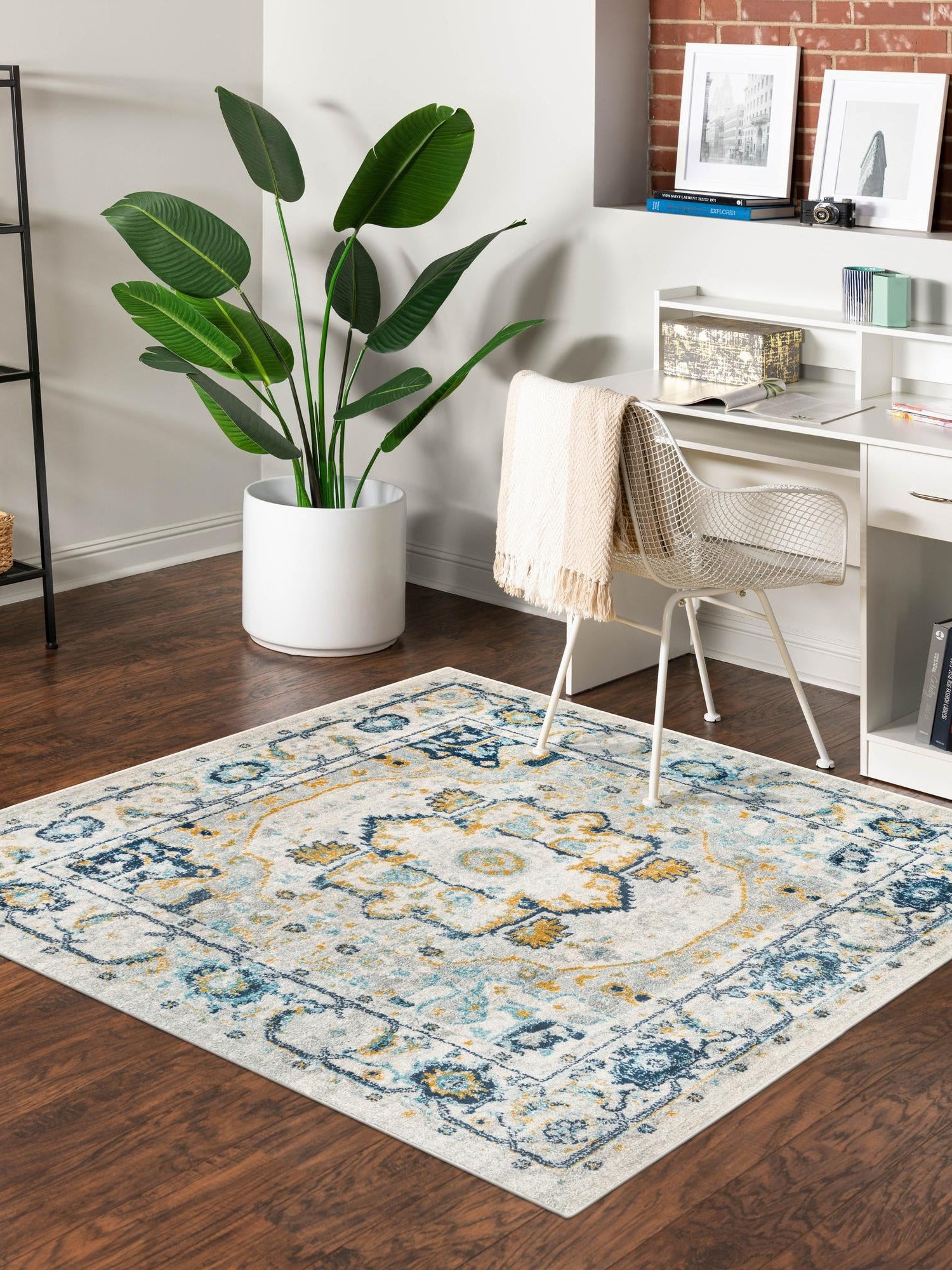 Gray 5' 3 x 5' 3 Madeline Vintage Square Area Rug 100% Polypropylene Distressed Traditional Carpet for Classic Interior Home Design for Sale at Rug Engine