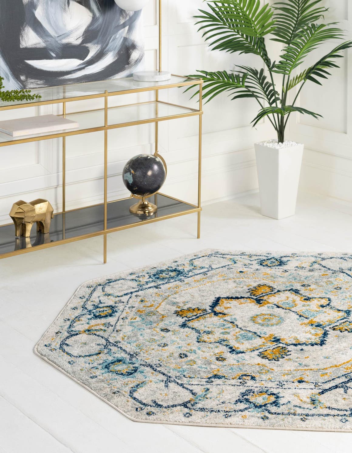 Gray 5' 3 x 5' 3 Madeline Vintage Octagon Area Rug 100% Polypropylene Distressed Traditional Carpet for Classic Interior Home Design for Sale at Rug Engine