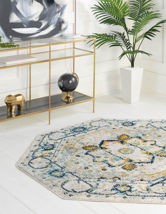 Gray 5' 3 x 5' 3 Madeline Vintage Octagon Area Rug 100% Polypropylene Distressed Traditional Carpet for Classic Interior Home Design for Sale at Rug Engine